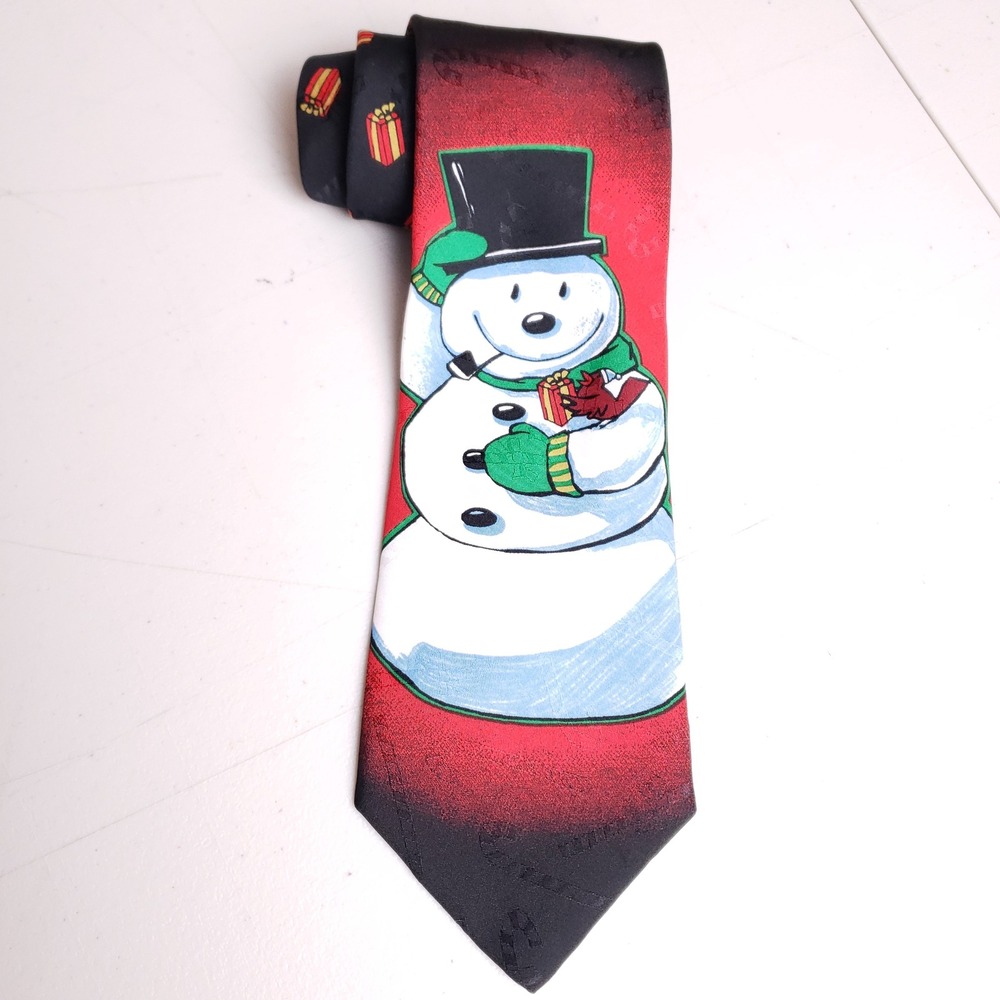 Hallmark Specialties Snowman Christmas Tie Men One Size Silk Blend‎ Red Novelty